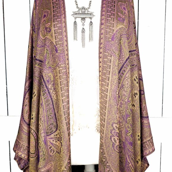 Tan purple tribal paisley pashmina kimono cover up - Picture 3 of 7